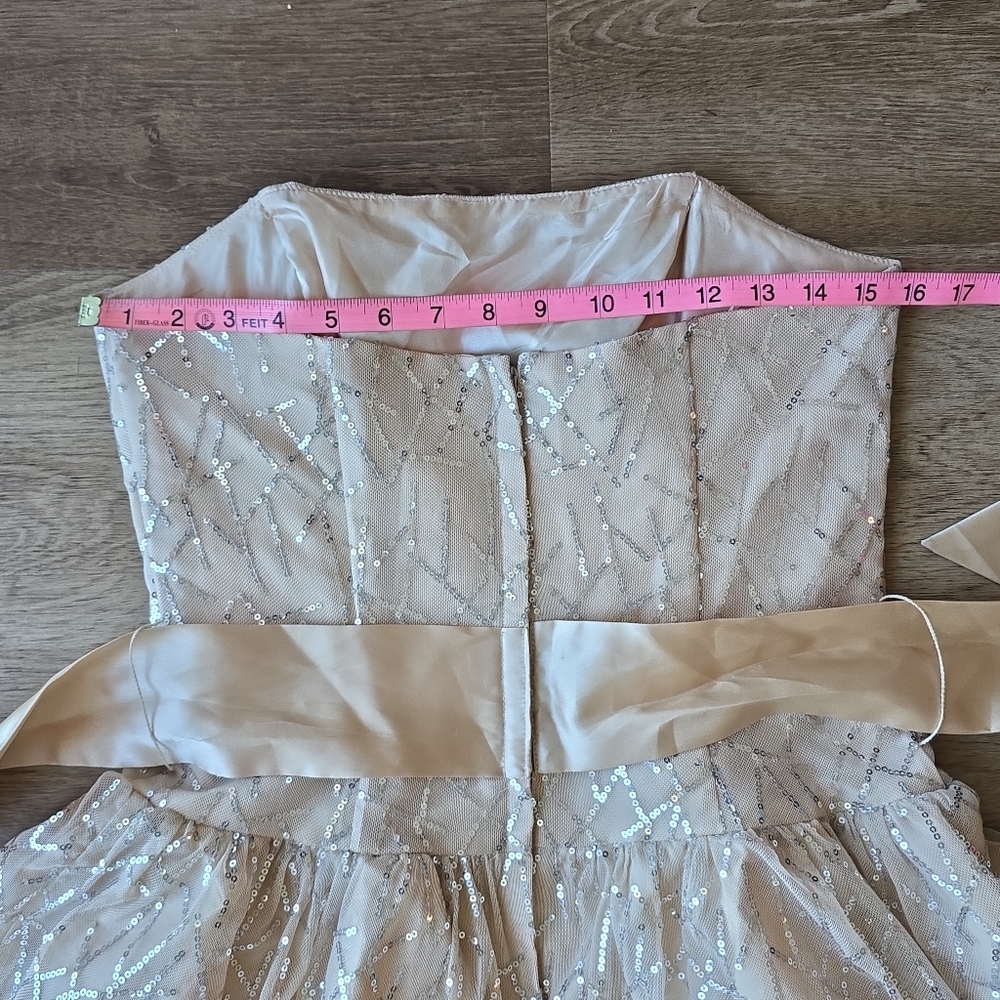 Vintage Jessica McClintock Champagne Sequin Belted Strapless Tulle Dress 9 Y2K - Picture 10 of 13